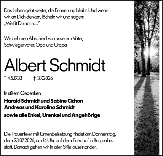 Traueranzeige von Albert Schmidt von Wetzlarer Neue Zeitung