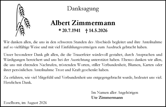 Traueranzeige von Albert Zimmermann von Allgemeine Zeitung Alzey