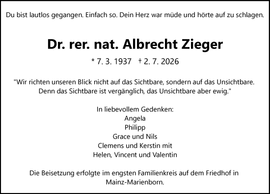 Traueranzeige von Albrecht Zieger von Allgemeine Zeitung Mainz
