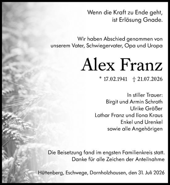 Traueranzeige von Alex Franz von Wetzlarer Neue Zeitung