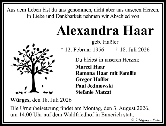 Traueranzeige von Alexandra Haar von Camberger Anzeiger