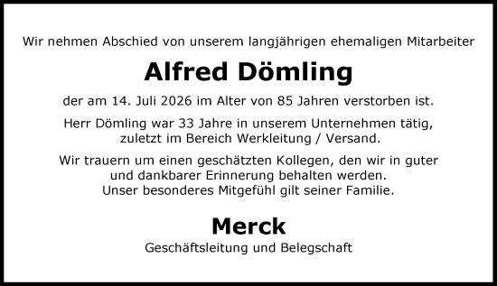 Traueranzeige von Alfred Dömling von Darmstädter Echo