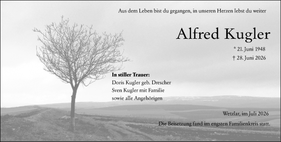 Traueranzeige von Alfred Kugler von Wetzlarer Neue Zeitung