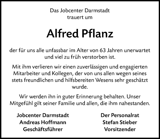 Traueranzeige von Alfred Pflanz von Darmstädter Echo