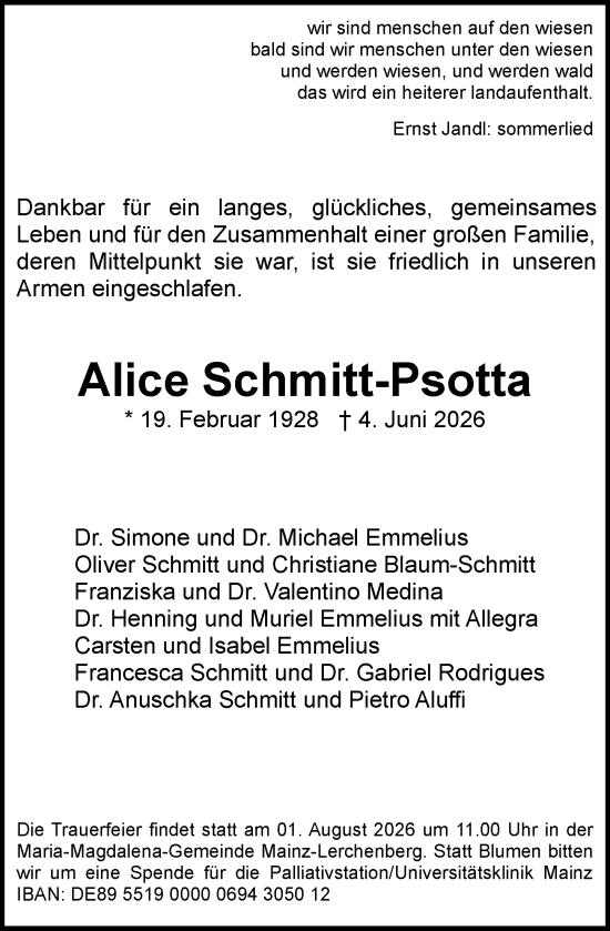 Traueranzeige von Alice Schmitt-Psotta von Allgemeine Zeitung Mainz