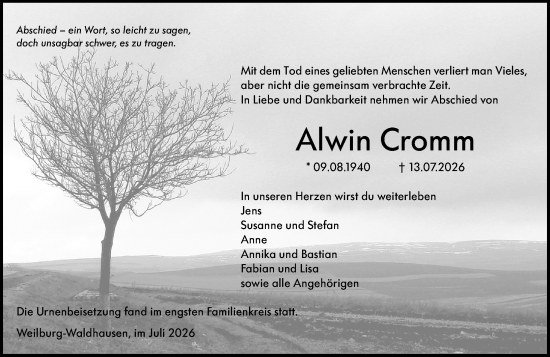 Traueranzeige von Alwin Cromm von Weilburger Tageblatt