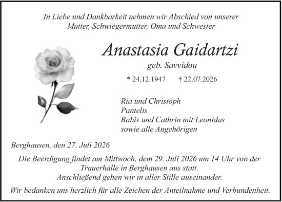 Traueranzeige von Anastasia Gaidartzi von Wetzlarer Neue Zeitung
