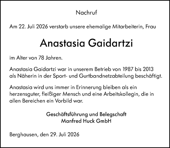 Traueranzeige von Anastasia Gaidartzi von Wetzlarer Neue Zeitung