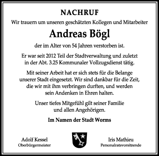 Traueranzeige von Andreas Bögl von Wormser Zeitung