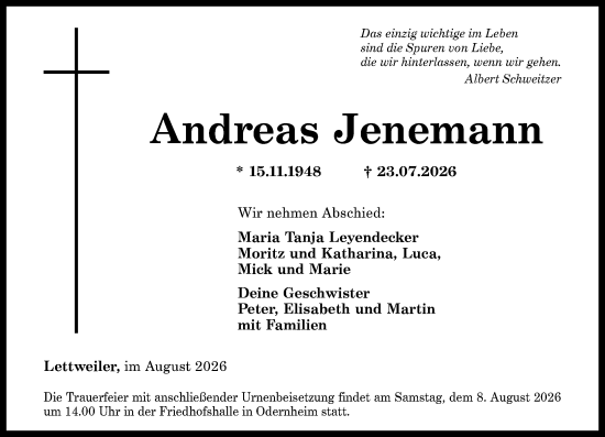 Traueranzeige von Andreas Jenemann von Allgemeine Zeitung Rheinhessen-Nahe