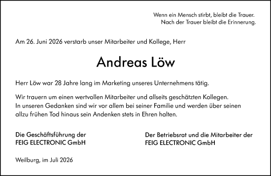Traueranzeige von Andreas Löw von Weilburger Tageblatt