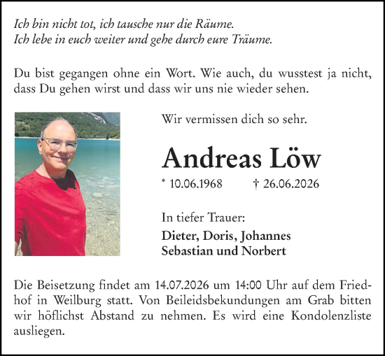 Traueranzeige von Andreas Löw von Weilburger Tageblatt