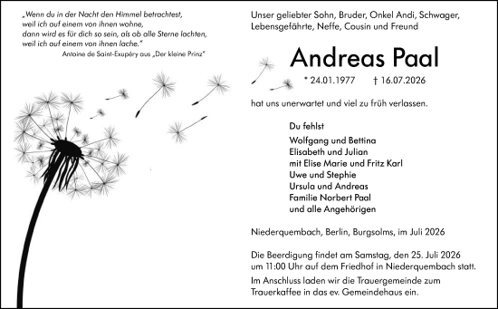 Traueranzeige von Andreas Paal von Wetzlarer Neue Zeitung