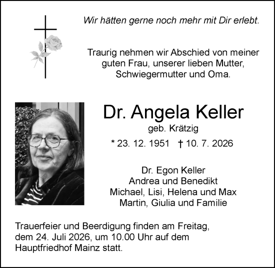 Traueranzeige von Angela Keller von Allgemeine Zeitung Mainz