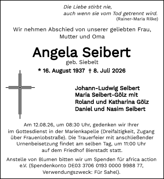 Traueranzeige von Angela Seibert von Wiesbadener Kurier