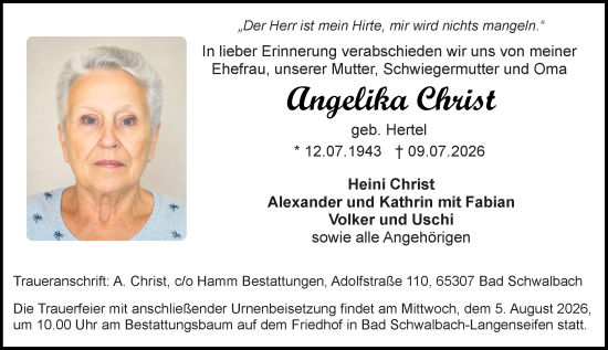 Traueranzeige von Angelika Christ von Rheingau-Taunus-Kreis Wochenblatt