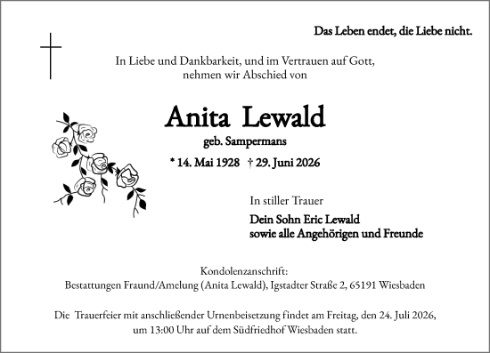 Traueranzeige von Anita Lewald von Wiesbadener Kurier