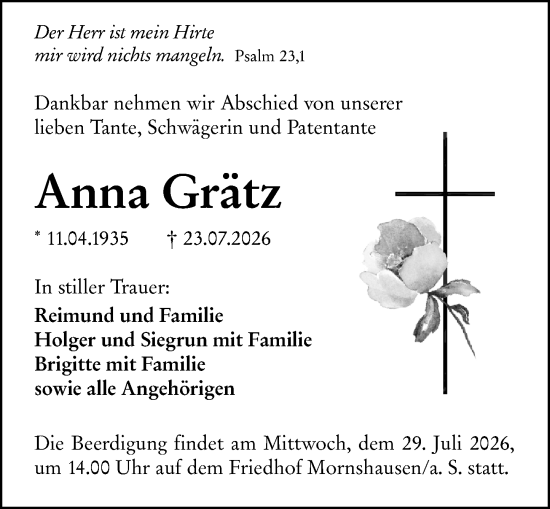 Traueranzeige von Anna Grätz von Hinterländer Anzeiger