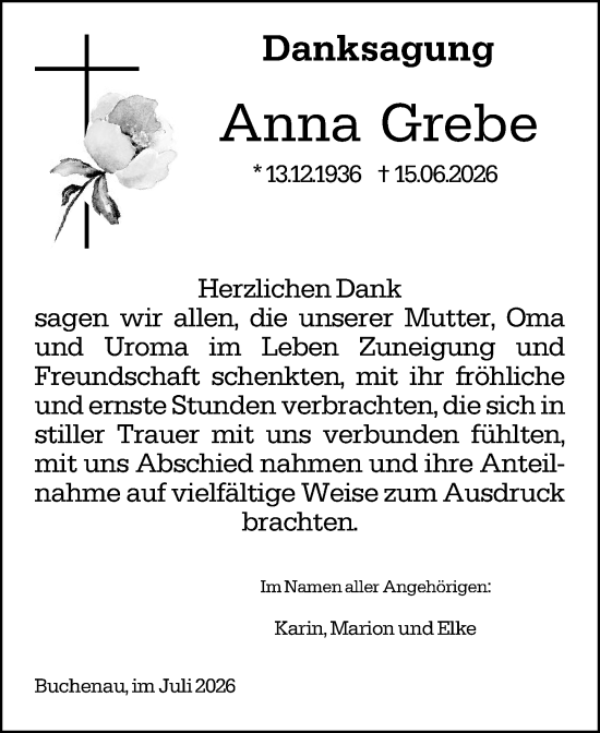 Traueranzeige von Anna Grebe von Hinterländer Anzeiger