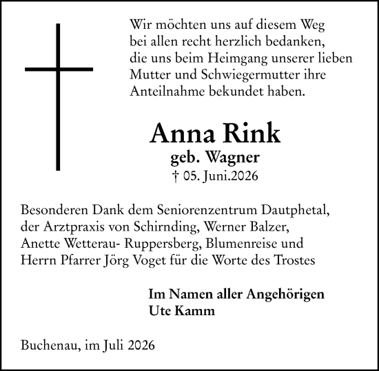 Traueranzeige von Anna Rink von Hinterländer Anzeiger