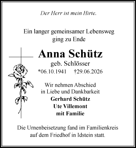 Traueranzeige von Anna Schütz von Idsteiner Land/Untertaunus