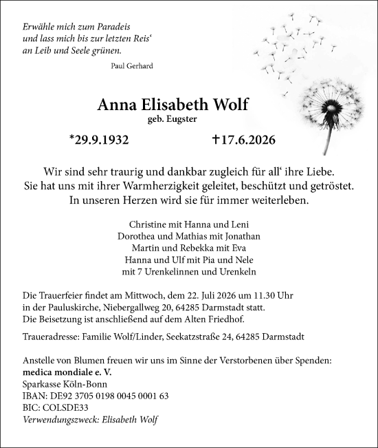 Traueranzeige von Anna Elisabeth Wolf von Darmstädter Echo
