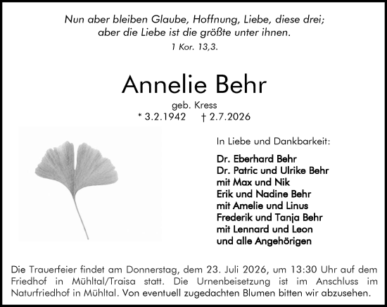 Traueranzeige von Annelie Behr von Darmstädter Echo