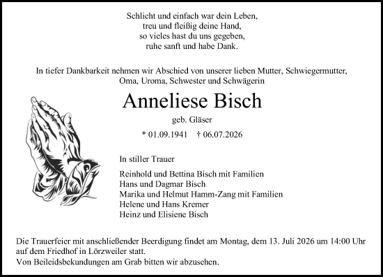 Traueranzeige von Anneliese Bisch von Allgemeine Zeitung Mainz