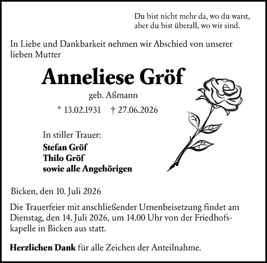 Traueranzeige von Anneliese Gröf von Dill Block