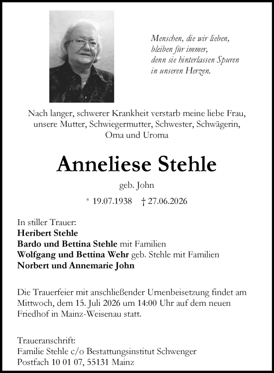 Traueranzeige von Anneliese Stehle von Allgemeine Zeitung Mainz