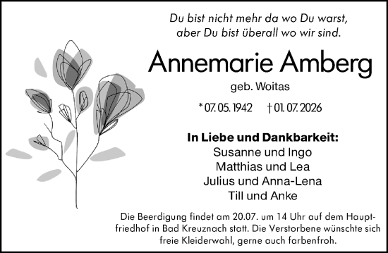 Traueranzeige von Annemarie Amberg von Allgemeine Zeitung Rheinhessen-Nahe