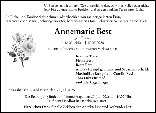Traueranzeige von Annemarie Best von Wetzlarer Neue Zeitung