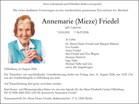 Traueranzeige von Annemarie Friedel von Dill Block