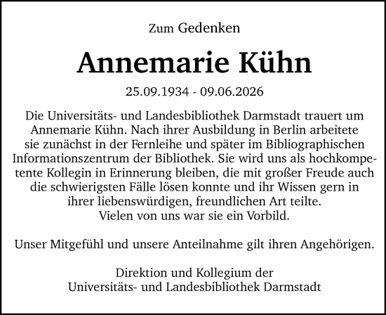 Traueranzeige von Annemarie Kühn von Darmstädter Echo