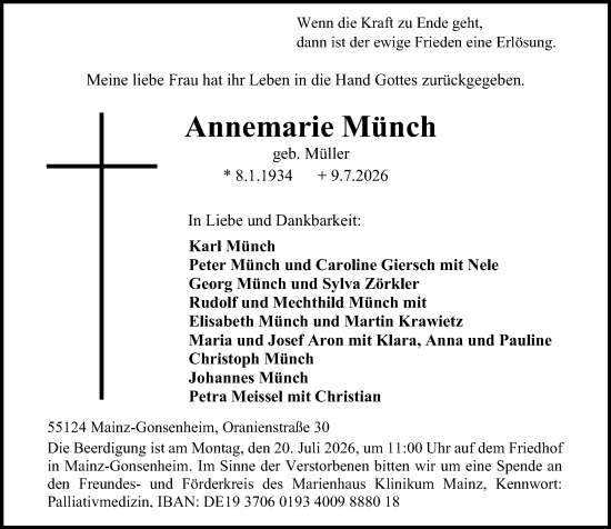 Traueranzeige von Annemarie Münch von Allgemeine Zeitung Mainz