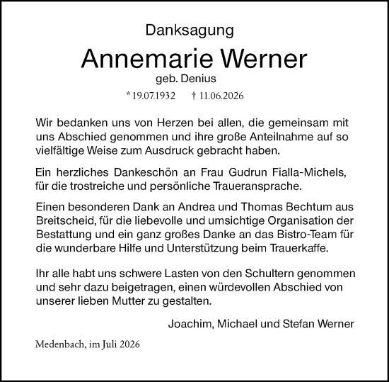 Traueranzeige von Annemarie Werner von Dill Block