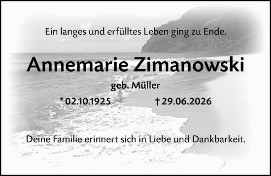 Traueranzeige von Annemarie Zimanowski von Wiesbadener Kurier