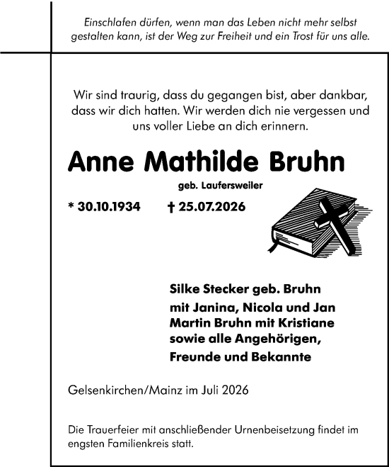 Traueranzeige von Anne Mathilde Bruhn von Allgemeine Zeitung Mainz