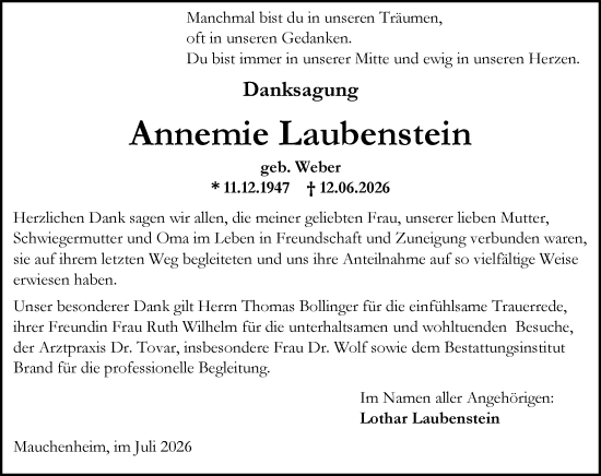 Traueranzeige von Annemie Laubenstein von Allgemeine Zeitung Alzey