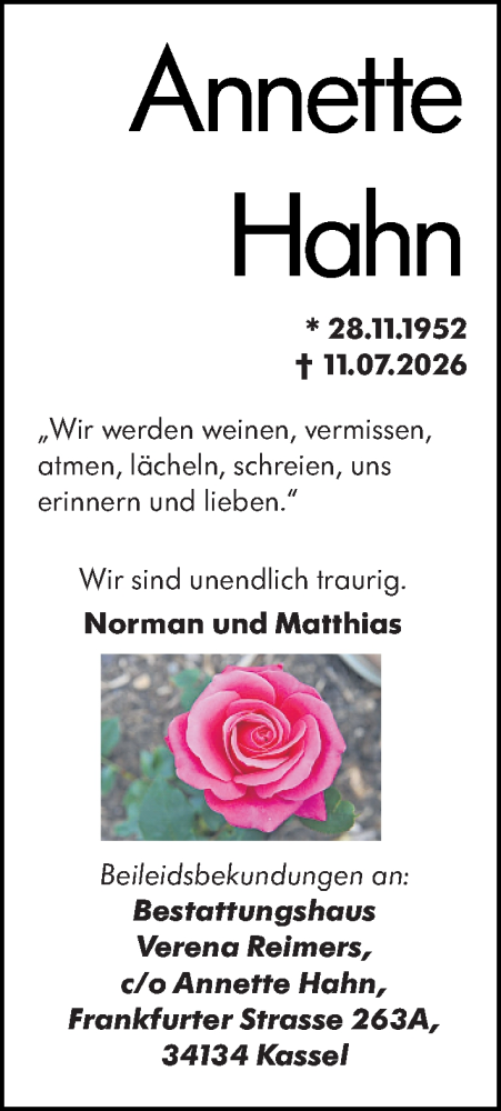 Traueranzeige von Annette Hahn von Wiesbadener Kurier
