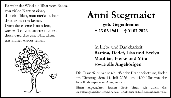 Traueranzeige von Anni Stegmaier von Allgemeine Zeitung Alzey