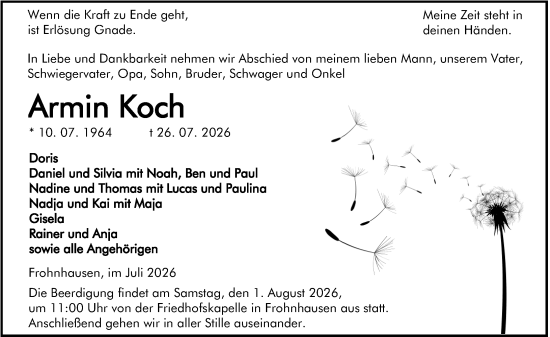 Traueranzeige von Armin Koch von Dill Block