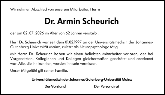 Traueranzeige von Armin Scheurich von Allgemeine Zeitung Mainz