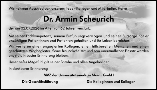 Traueranzeige von Armin Scheurich von Allgemeine Zeitung Mainz