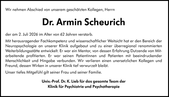 Traueranzeige von Armin Scheurich von Allgemeine Zeitung Mainz
