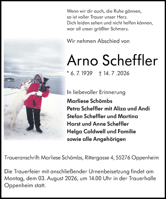 Traueranzeige von Arno Scheffler von Allgemeine Zeitung Mainz
