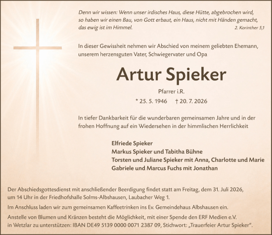 Traueranzeige von Artur Spieker von Wetzlarer Neue Zeitung