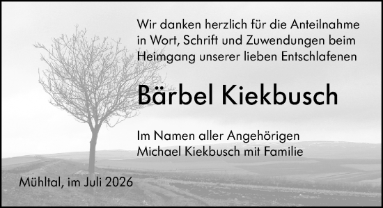 Traueranzeige von Bärbel Kiekbusch von Darmstädter Echo