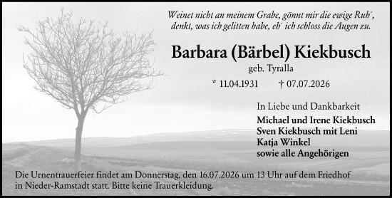 Traueranzeige von Barbara Kiekbusch von Darmstädter Echo