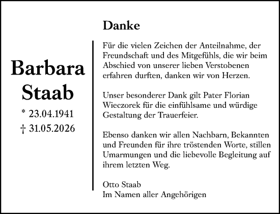 Traueranzeige von Barbara Staab von Allgemeine Zeitung Mainz